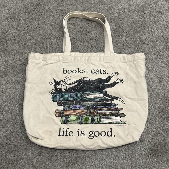 Edward Gorey Books Cats Life Is Good Canvas Tote Bag Crunchy Cat Lady Cute - Picture 1 of 5